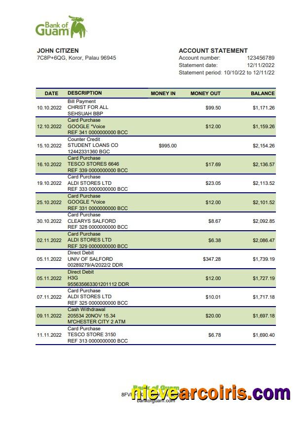 Palau Bank of Guam Bank statement xls